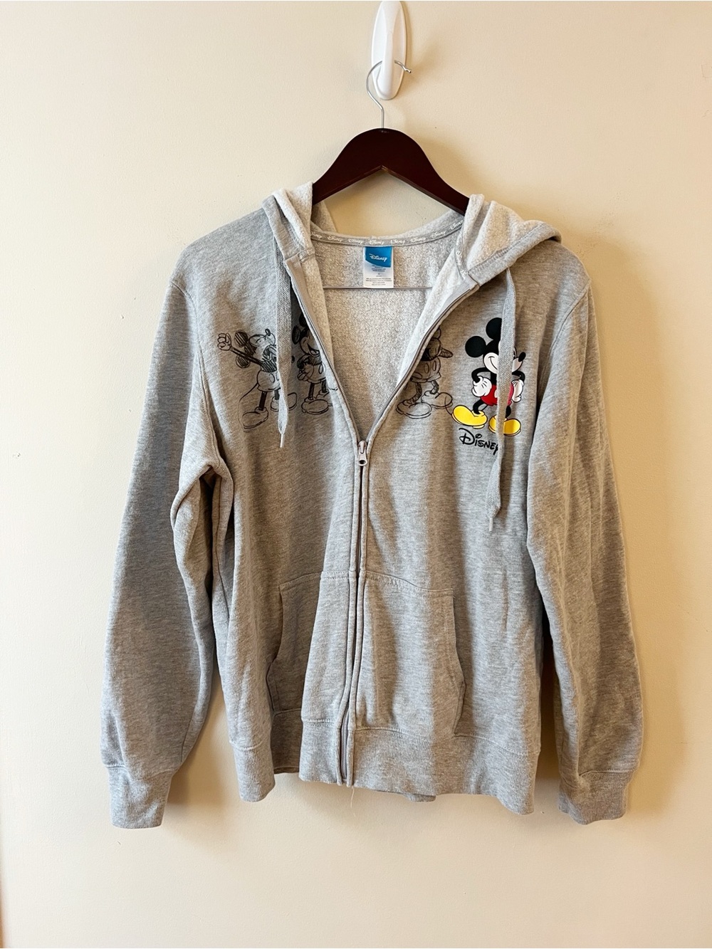 Disney Mickey Mouse Logo Graphic Print Zip Up Hoodie Size Large Gray